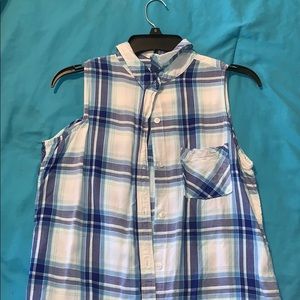 Purple, Blue & White plaid button up tank top